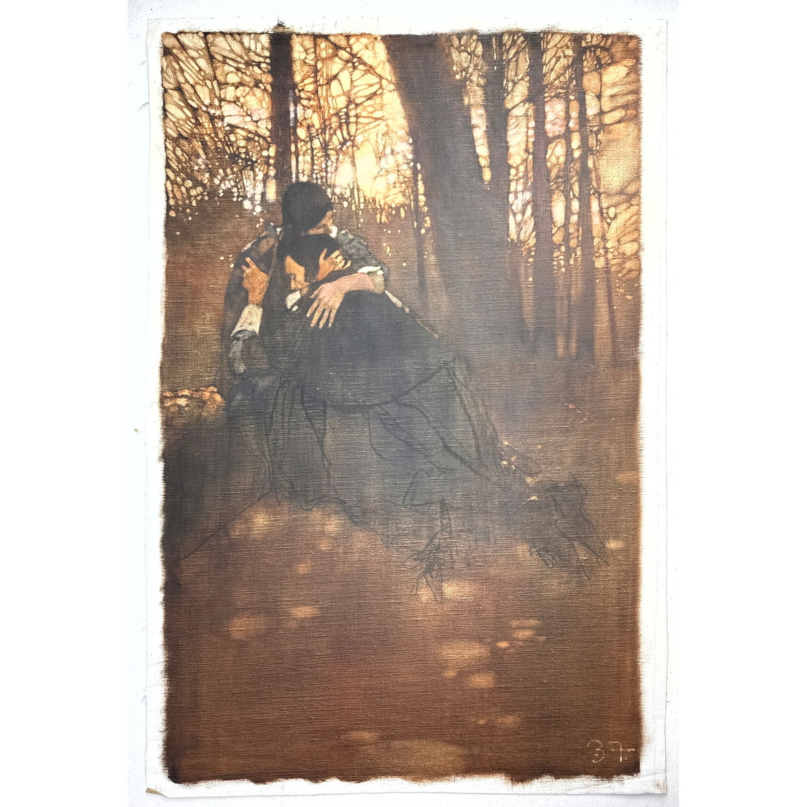 BERNARD Bernie FUCHS Original Painting on unstretched canvas. Couple in forest. Signed B F. Likely t: BERNARD Bernie FUCHS Original Painting on unstretched canvas. Couple in forest. Signed B F. Likely the book Scarlet Letter, Franklin Library, Illustrations by Bernie Fuchs. Acquired From the Franklin