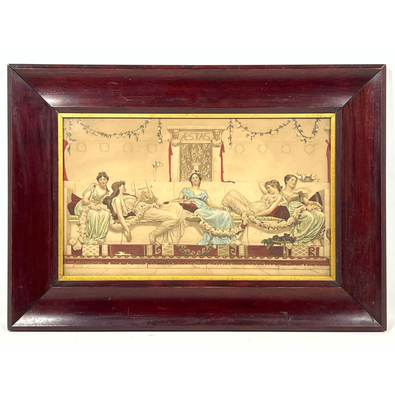 W. Reynolds Stephen "Interlude" Art Print. Five women lounging in a classical architectural setting,: W. Reynolds Stephen "Interlude" Art Print. Five women lounging in a classical architectural setting, adorned in pale blue gowns. Some hand colored details. Dimensions: Frame Height: 13.75 inches, Fram