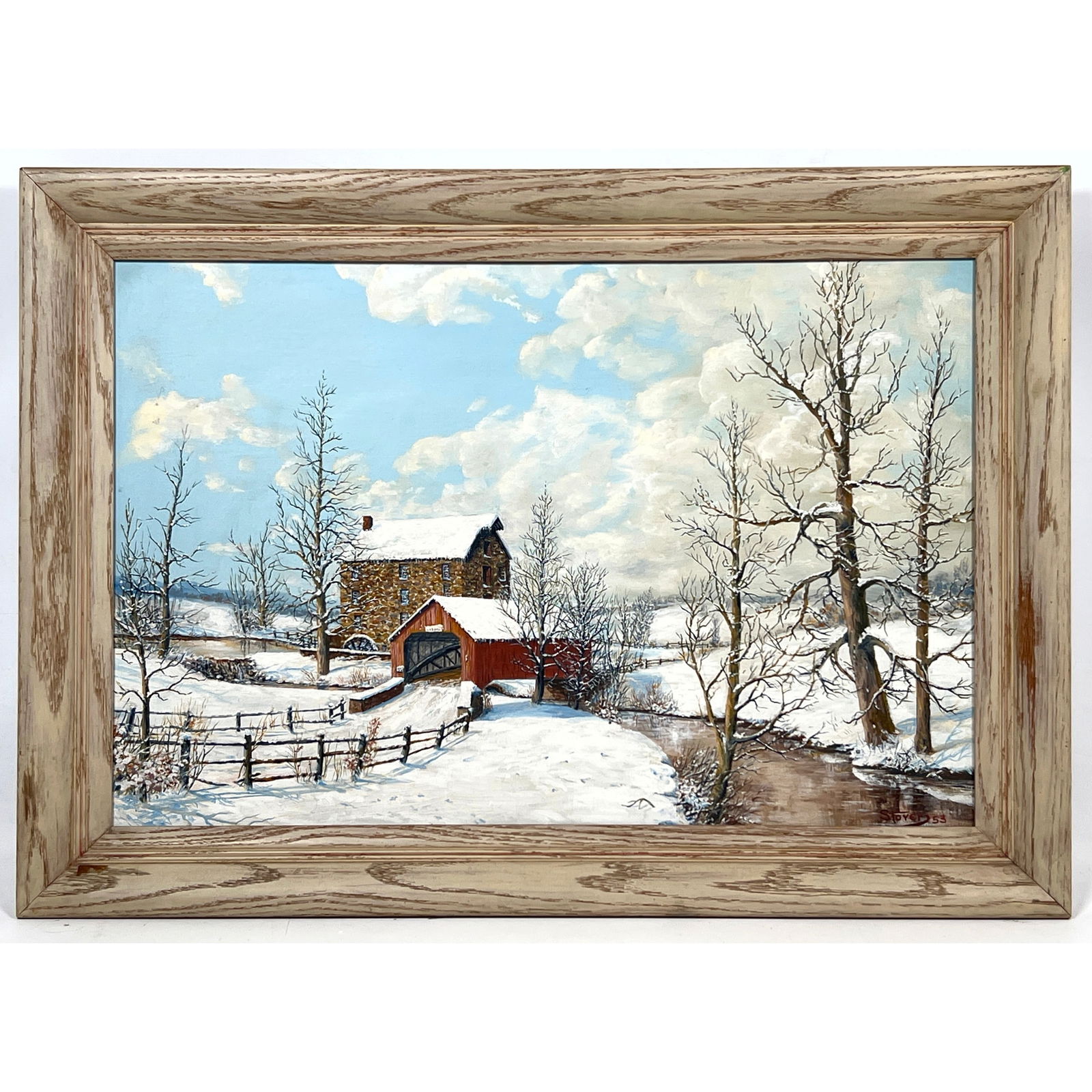 ROBERT M STOVER oil on canvas painting. Winter scene with red covered bridge. Signed; dated 53. exhi: ROBERT M STOVER oil on canvas painting. Winter scene with red covered bridge. Signed; dated 53. exhibition label. Reading, PA Dimensions: Frame Height: 20 inches, Frame Width: 28 inches. - Image Size:
