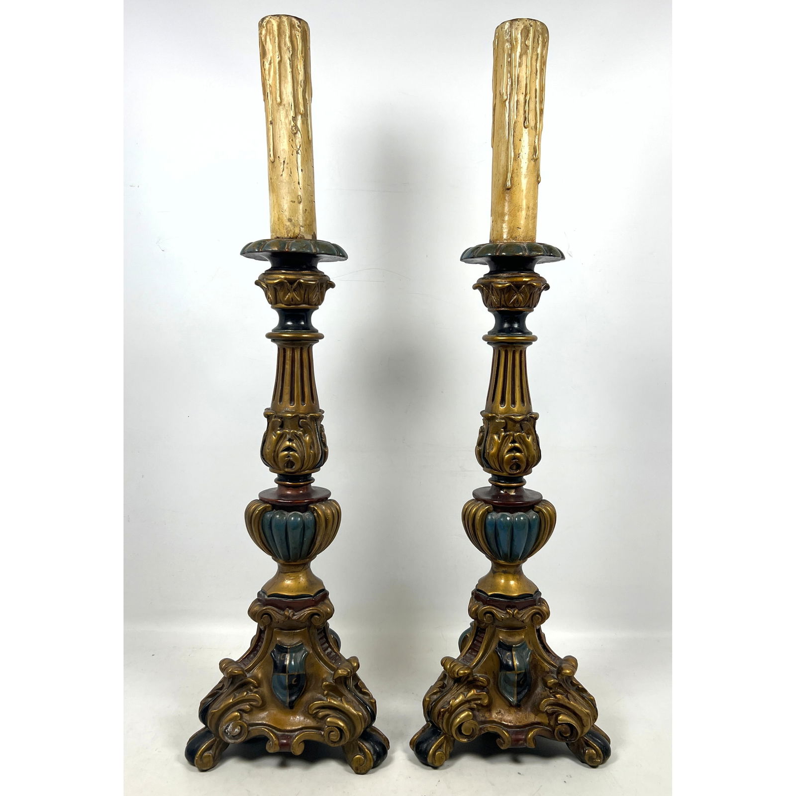 Pair Polychrome Decorator Plaster Column Candle Lamps.: Pair Polychrome Decorator Plaster Column Candle Lamps. Dimensions: Height: 32 inches, Width: 9 inches, Depth: 9 inches. ---