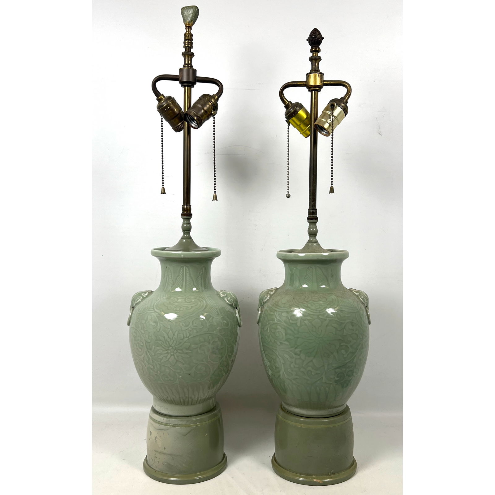 Pair Baluster Form Ceramic Table Lamps. Celadon Green Glaze. (1 of 14)