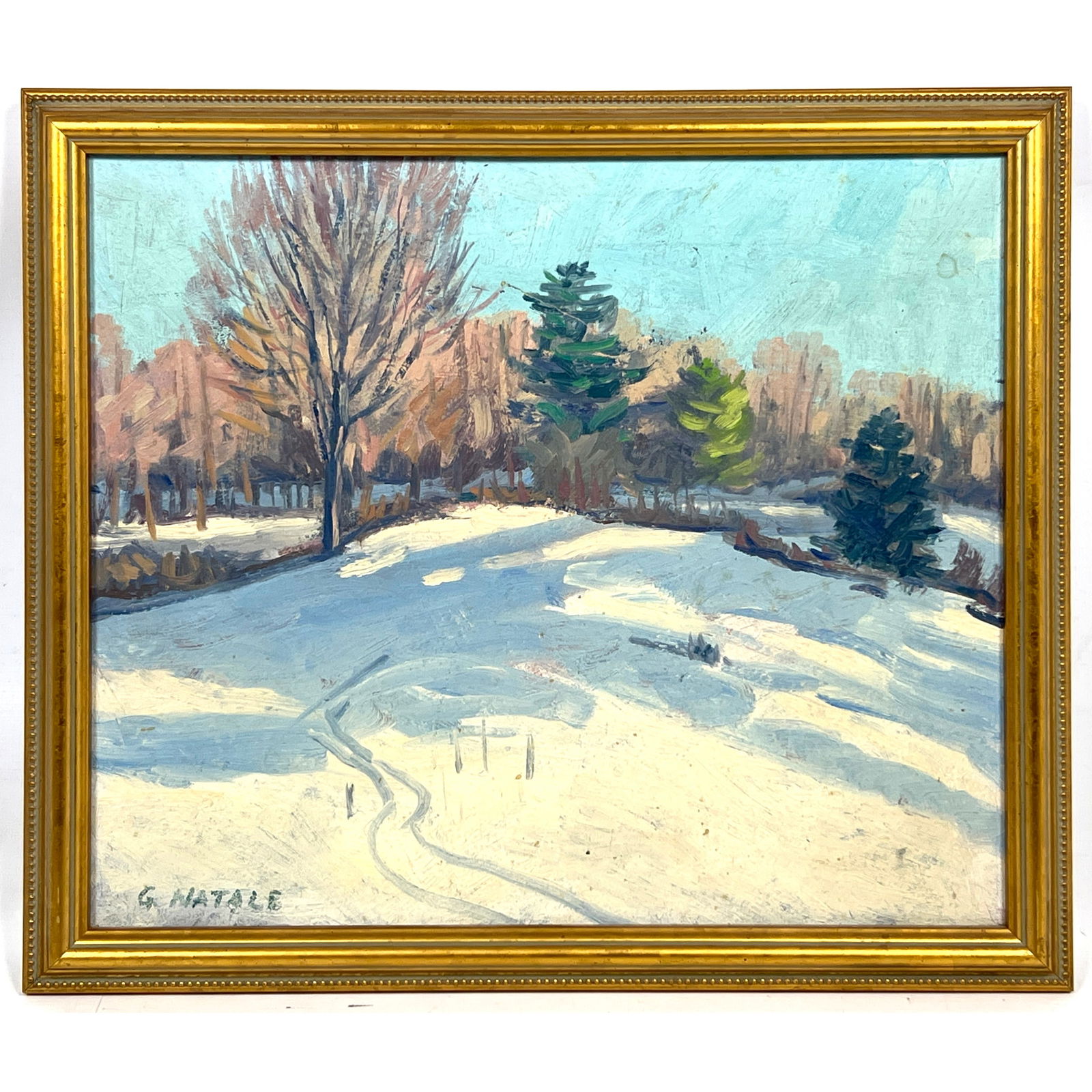 G NATALE Winter Landscape Painting. Signed.: G NATALE Winter Landscape Painting. Signed. Dimensions: Frame Height: 14 inches, Frame Width: 15 inches. - Image Size: Image Height: 12 inches, Image Width: 13.5 inches. ---