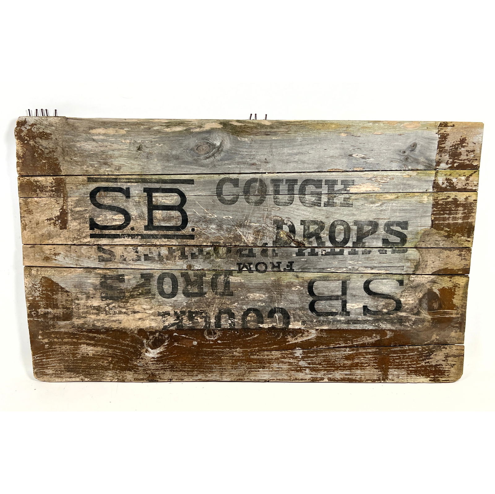 S.B. Cough Drops Stenciled Wood Crate Panel. One side of storage shipping crate.: S.B. Cough Drops Stenciled Wood Crate Panel. One side of storage shipping crate. Dimensions: Height: 19.5 inches, Width: 32 inches, Depth: .25 inches. ---