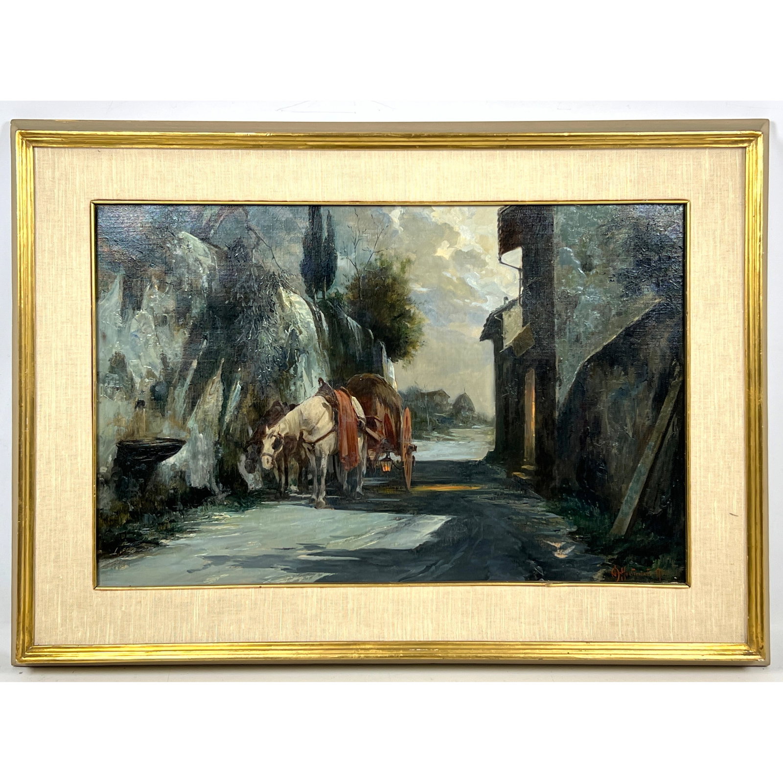 Martinetti Painting on Canvas. Horse drawn Cart.: Martinetti Painting on Canvas. Horse drawn Cart. Dimensions: Frame Height: 22 inches, Frame Width: 30 inches. - Image Size: Image Height: 15.25 inches, Image Width: 23 inches. ---