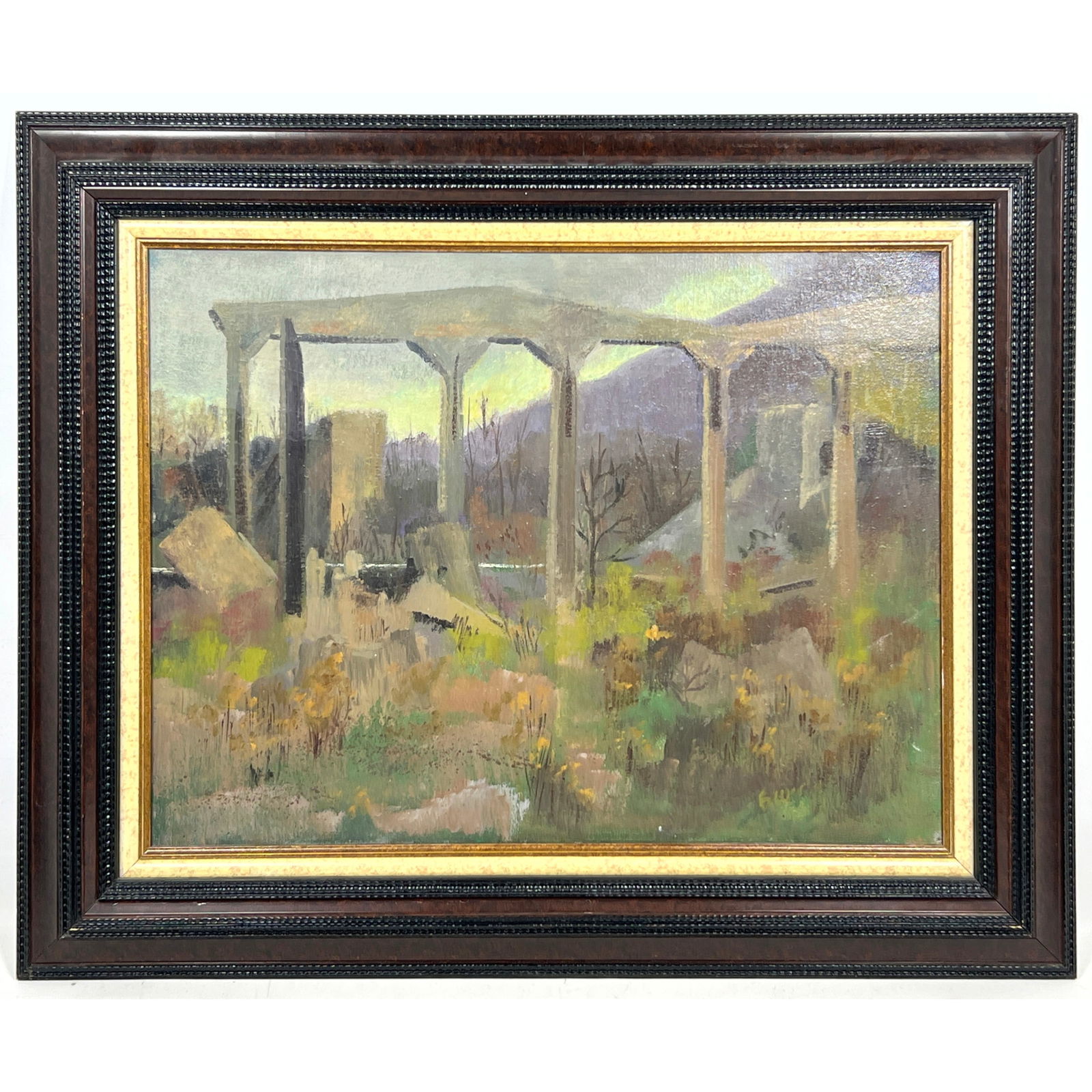 Modernist Impressionist oil painting, Edison cement mill, signed: Modernist Impressionist oil painting, Edison cement mill, signed Dimensions: Frame Height: 25.5 inches, Frame Width: 31.5 inches. - Image Size: Image Height: 18 inches, Image Width: 24 inches. ---