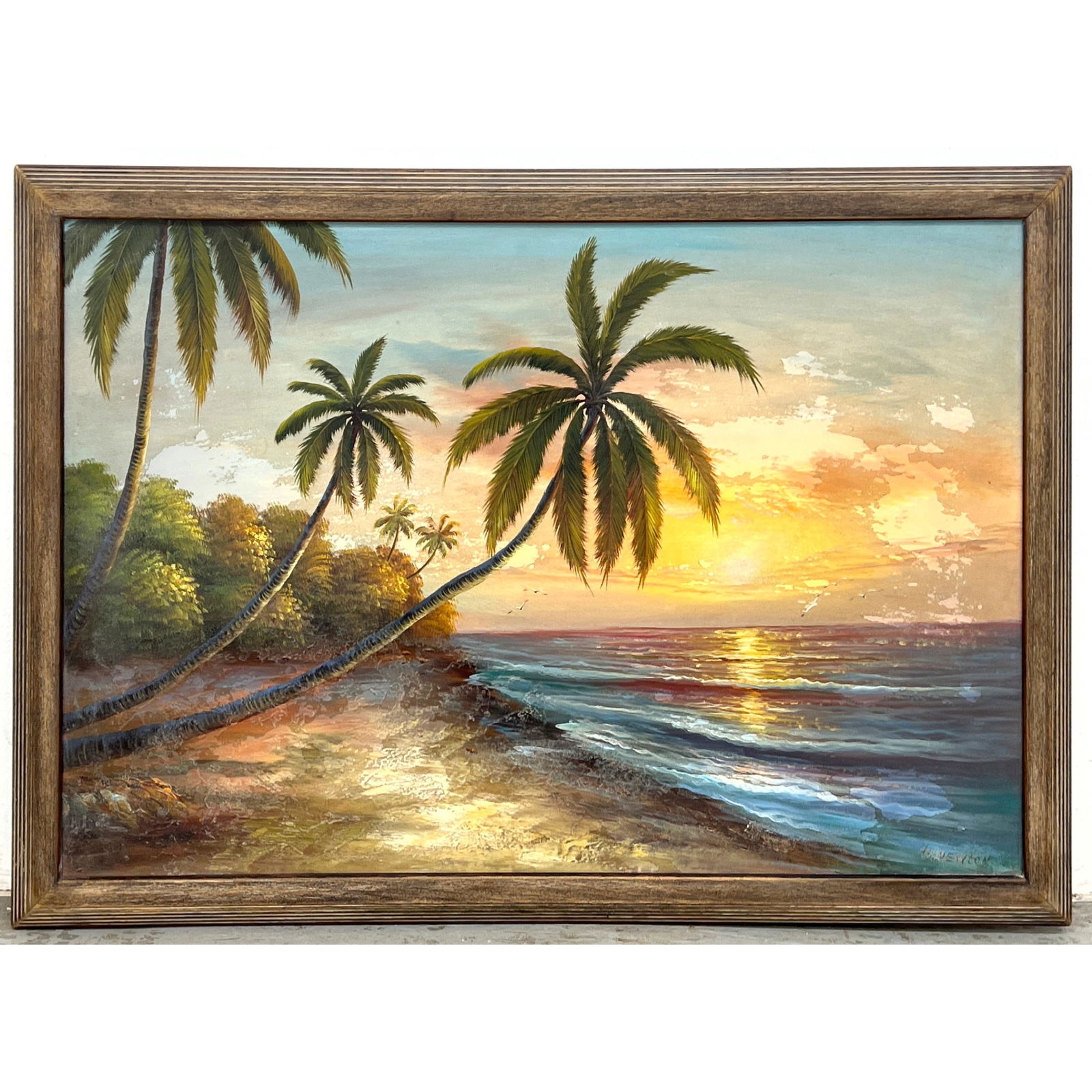 HAROLD NEWTON "Florida" Beach Scene Landscape Painting. Sunset along beach front with Palm Trees and: HAROLD NEWTON "Florida" Beach Scene Landscape Painting. Sunset along beach front with Palm Trees and Lush Shrubbery. Signed. Dimensions: Height: 27.5 inches, Width: 40 inches. ---