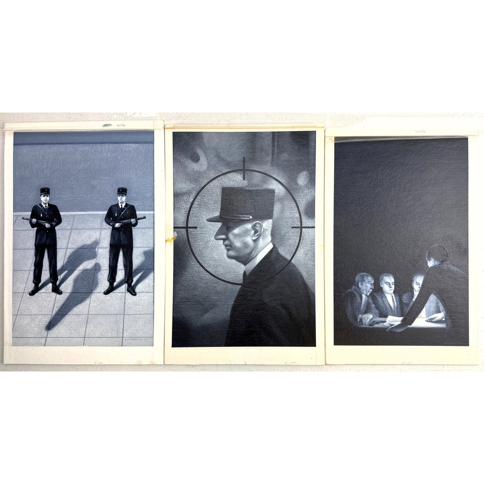 3pc CHRISTOPHER ZACHAROW Original paintings on board created in 1980, for The Franklin Library's 'My: 3pc CHRISTOPHER ZACHAROW Original paintings on board created in 1980, for The Franklin Library's 'Mystery Classics' edition of 'The Day of the Jackal'. Acquired From the Franklin Mint archives, origin