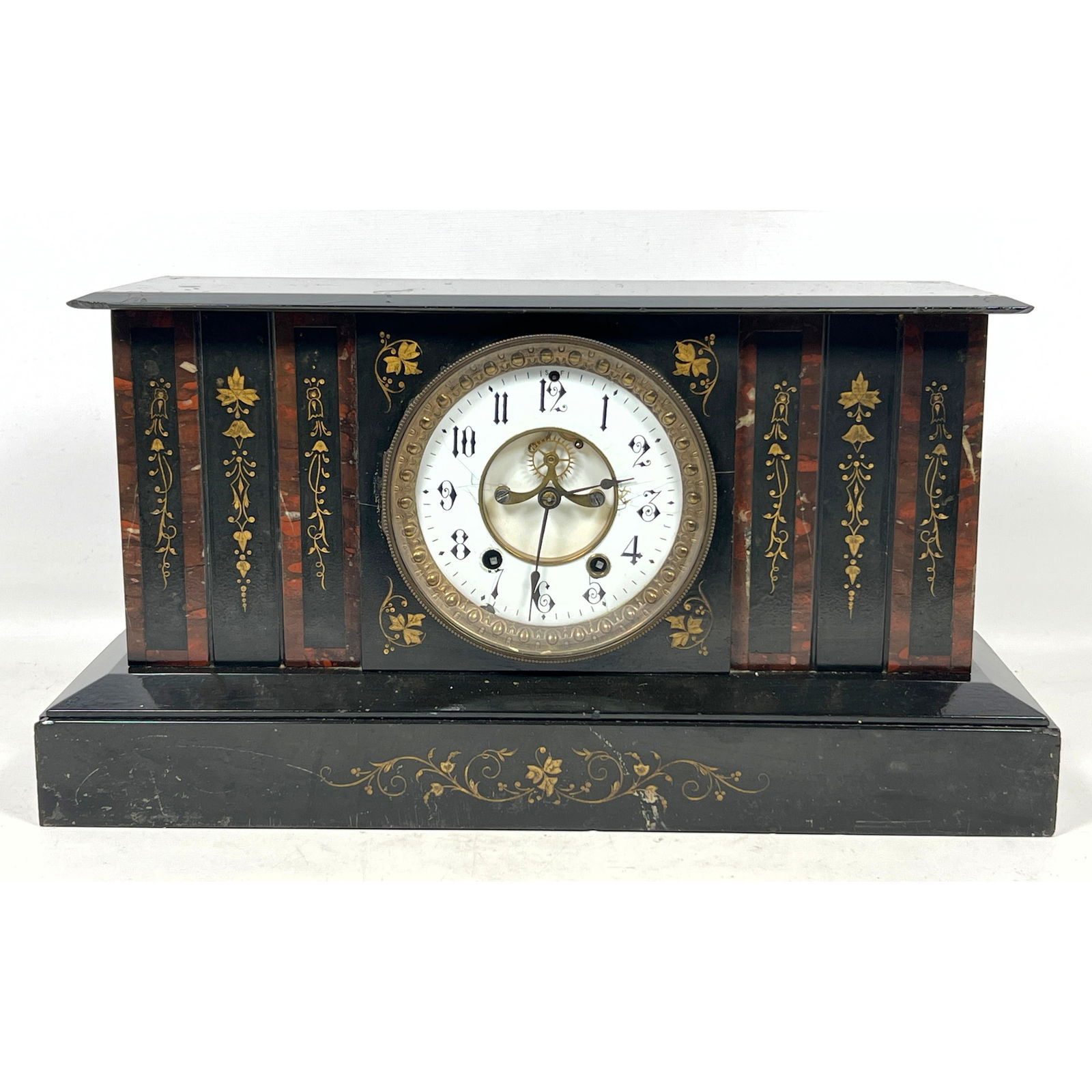 Antique Seth Thomas mantel clock. Black Wood Case accented by inset panels of reddish-orange marblei (1 of 12)