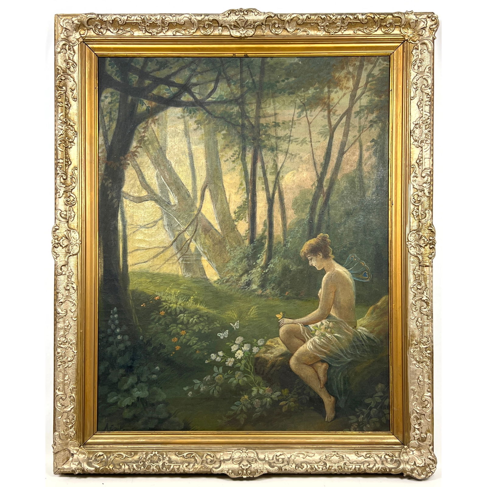 Signed Antique Painting on Canvas. Maiden Fairy figure in the woods.: Signed Antique Painting on Canvas. Maiden Fairy figure in the woods. Dimensions: Frame Height: 31.5 inches, Frame Width: 26 inches. - Image Size: Image Height: 26 inches, Image Width: 19.75 inches. --