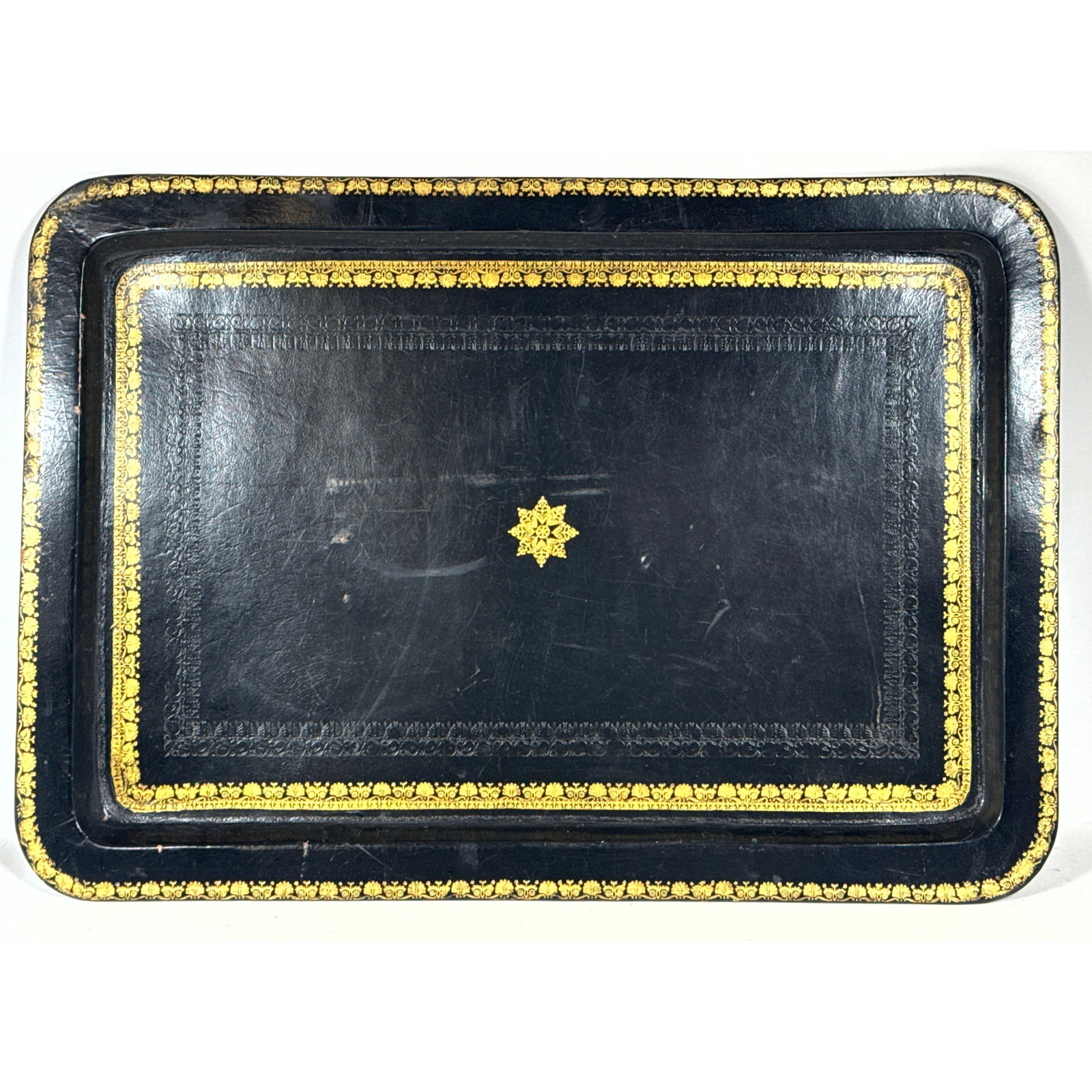 MAITLAND SMITH Large Rectangular Tray. Gilt decorated embossed leather. Label.: MAITLAND SMITH Large Rectangular Tray. Gilt decorated embossed leather. Label. Dimensions: Height: 1.5 inches, Width: 32 inches, Depth: 22 inches. ---