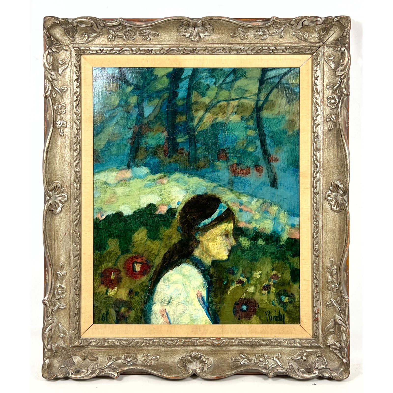 Donald Roy Purdy Painting on Canvas. Figure in Landscape.: Donald Roy Purdy Painting on Canvas. Figure in Landscape. Dimensions: Frame Height: 27 inches, Frame Width: 23 inches. - Image Size: Image Height: 19.5 inches, Image Width: 15.5 inches. ---
