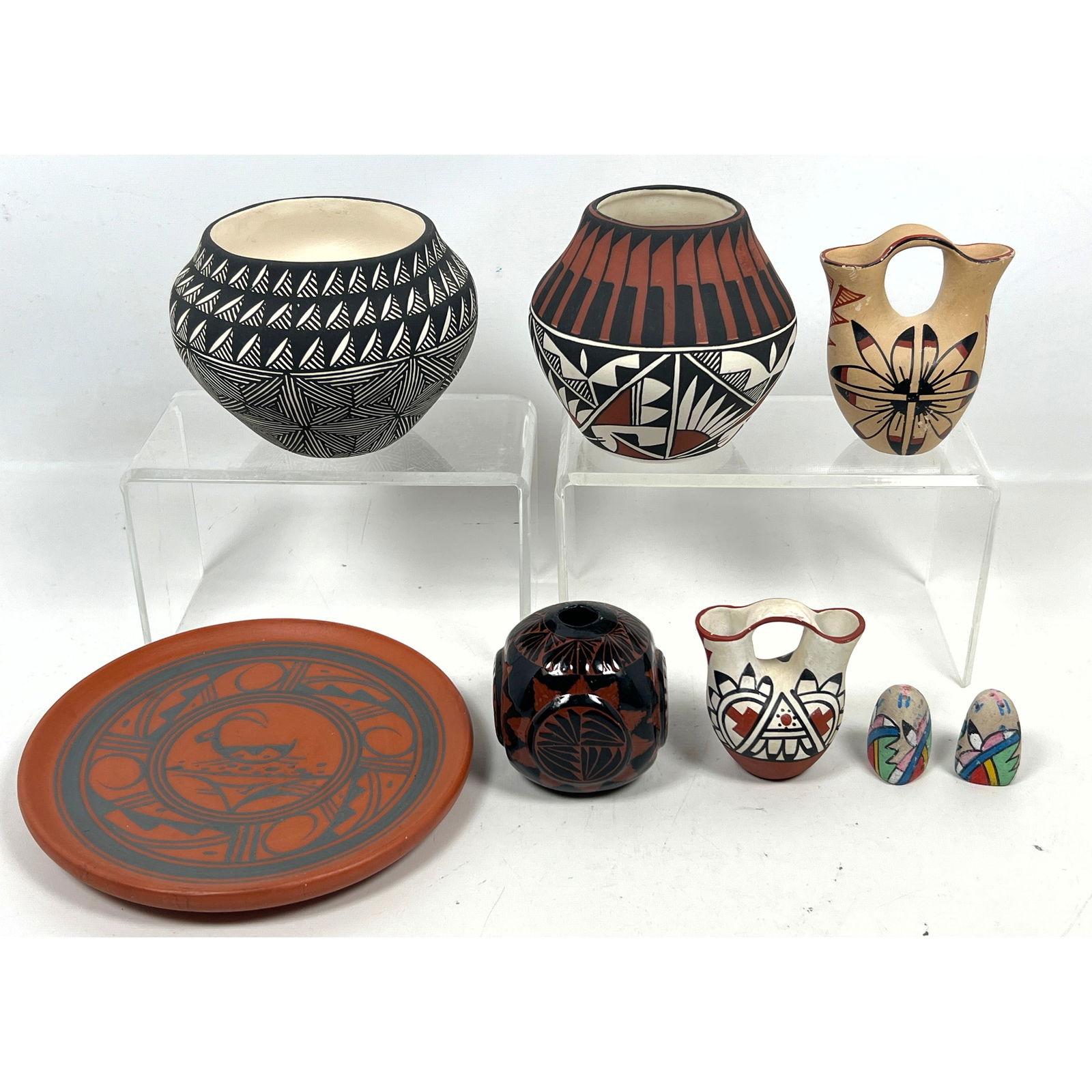 8pc Native American Indian Pottery. NIL and VL Acoma Pueblo Vase. E CHROMA Navajo High Gloss Vase. L (1 of 19)