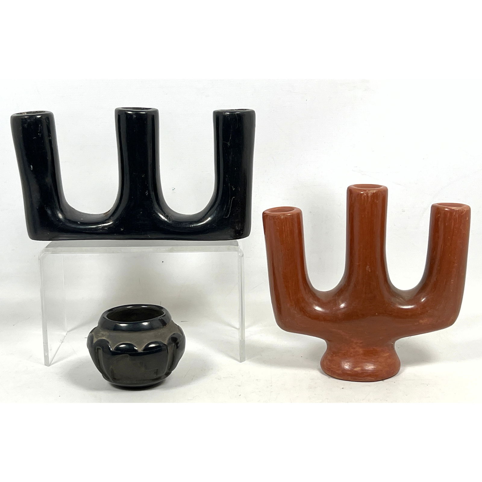 3pc Santa Clara Pueblo Native American Indian Pottery. 1) SANDRA SUAZO Small Burnished Blackware Cab: 3pc Santa Clara Pueblo Native American Indian Pottery. 1) SANDRA SUAZO Small Burnished Blackware Cabinet Vase. Relief Design. Signed. 2) Burnished Redware Three Arm Footed Candelabra. 3) Burnished Thr