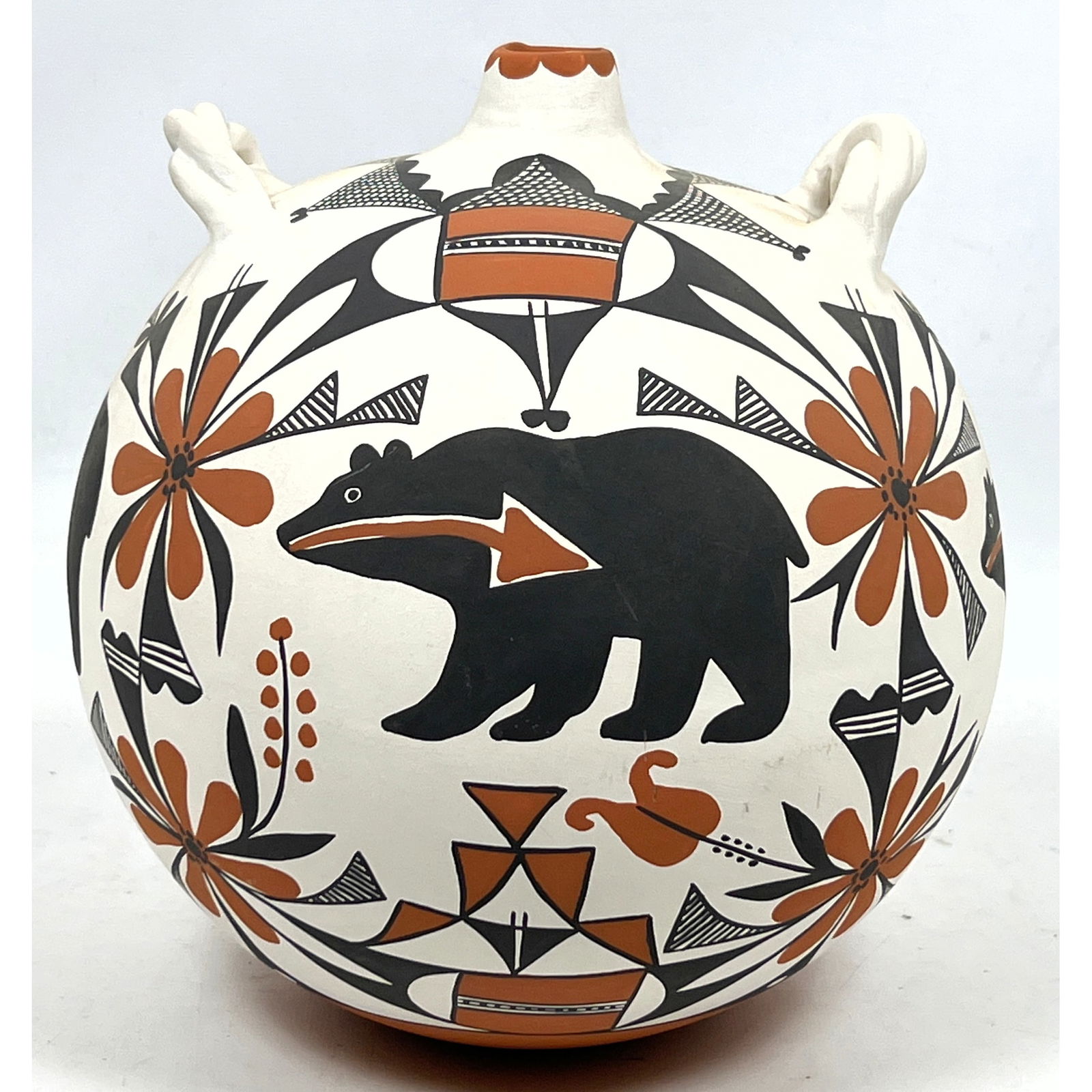 ANTONIO Acoma Pueblo Hand Decorated Pottery Water Jug. Bear with Heart Line amongst Geometric and Fl (1 of 10)