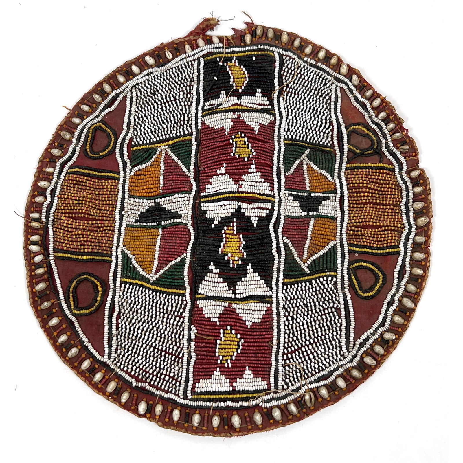 Native American Attrib. Beadwork Panel. Vintage round Panel with Glass Seed Beads. Cowry Shell Trim. (1 of 9)