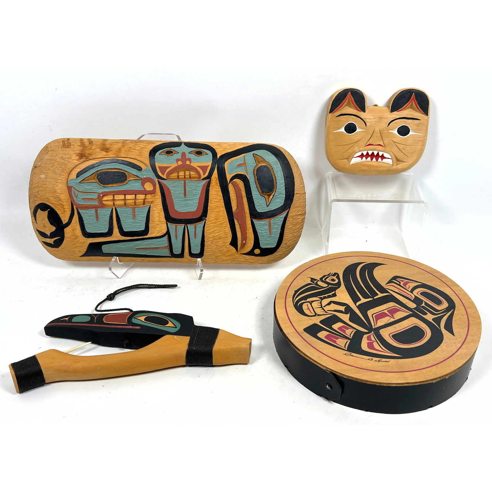 4pc Carved Wood Polychrome Painted Objects. Probably Northwest Coast artists. All marked.: 4pc Carved Wood Polychrome Painted Objects. Probably Northwest Coast artists. All marked. Dimensions: Height: 7.75 inches, Width: 17 inches. - Additional Dimensions: round H: 10.5 inches, W: 10.5 inch