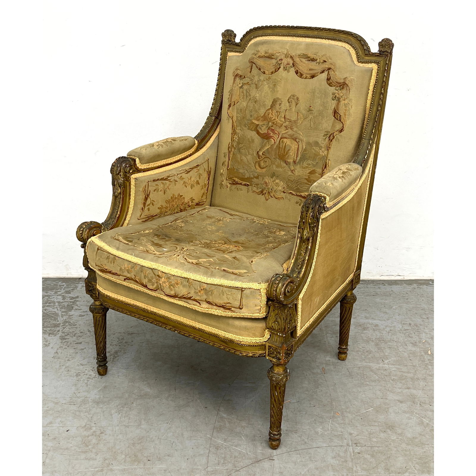 Antique French Louis XVI Carved Giltwood Fauteuil Armchair. Aubusson Style Upholstery. (1 of 8)