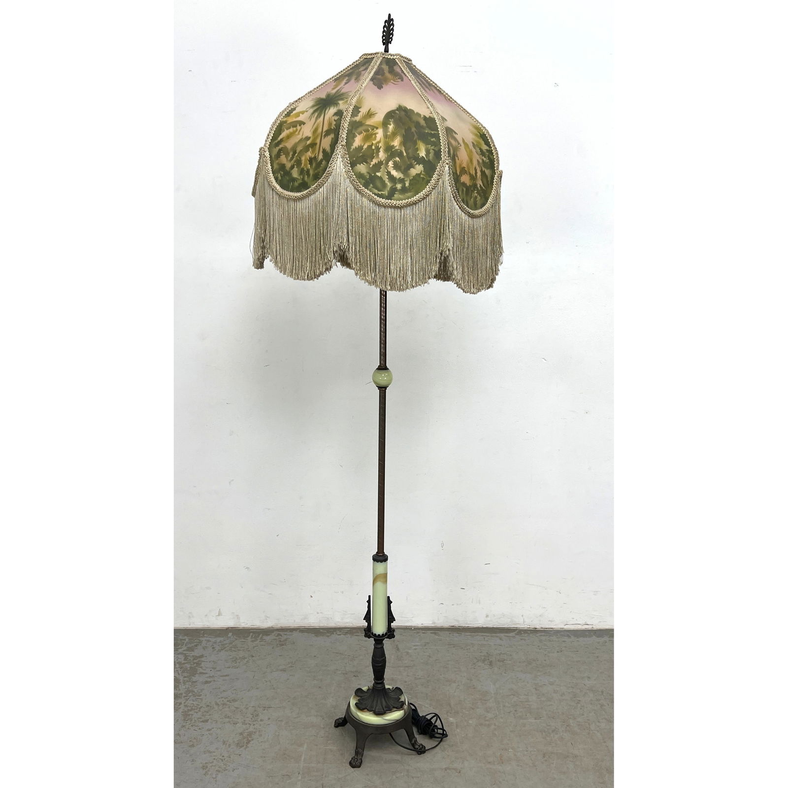 Vintage Akro Agate Glass Floor Lamp. Special Custom Shade has Tropical Palm Tree Pattern Fabric.: Vintage Akro Agate Glass Floor Lamp. Special Custom Shade has Tropical Palm Tree Pattern Fabric. Dimensions: Height: 70 inches, Width: 23 inches, Depth: 23 inches. ---