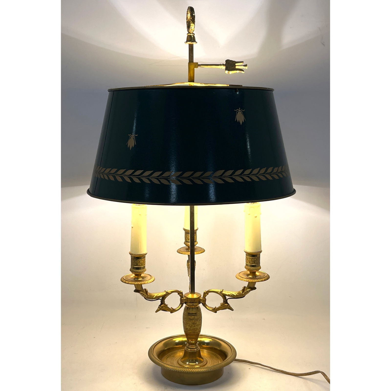 Antique French Bouilotte Bronze Table Lamp. Three Candle Light Form. Green Toleware Shade. (1 of 13)