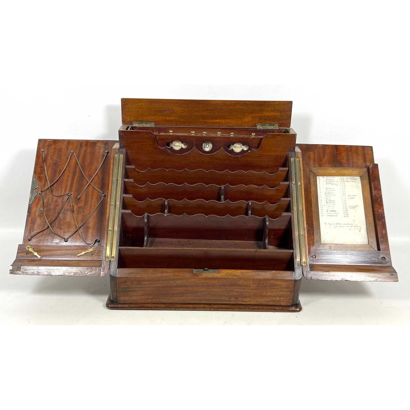 Antique Mahogany Desk Top Letter Box. Stationery Cabinet. Elegant Fitted Interior with Calendar Feat: Antique Mahogany Desk Top Letter Box. Stationery Cabinet. Elegant Fitted Interior with Calendar Feature. Can hang or sit on desk. ---
