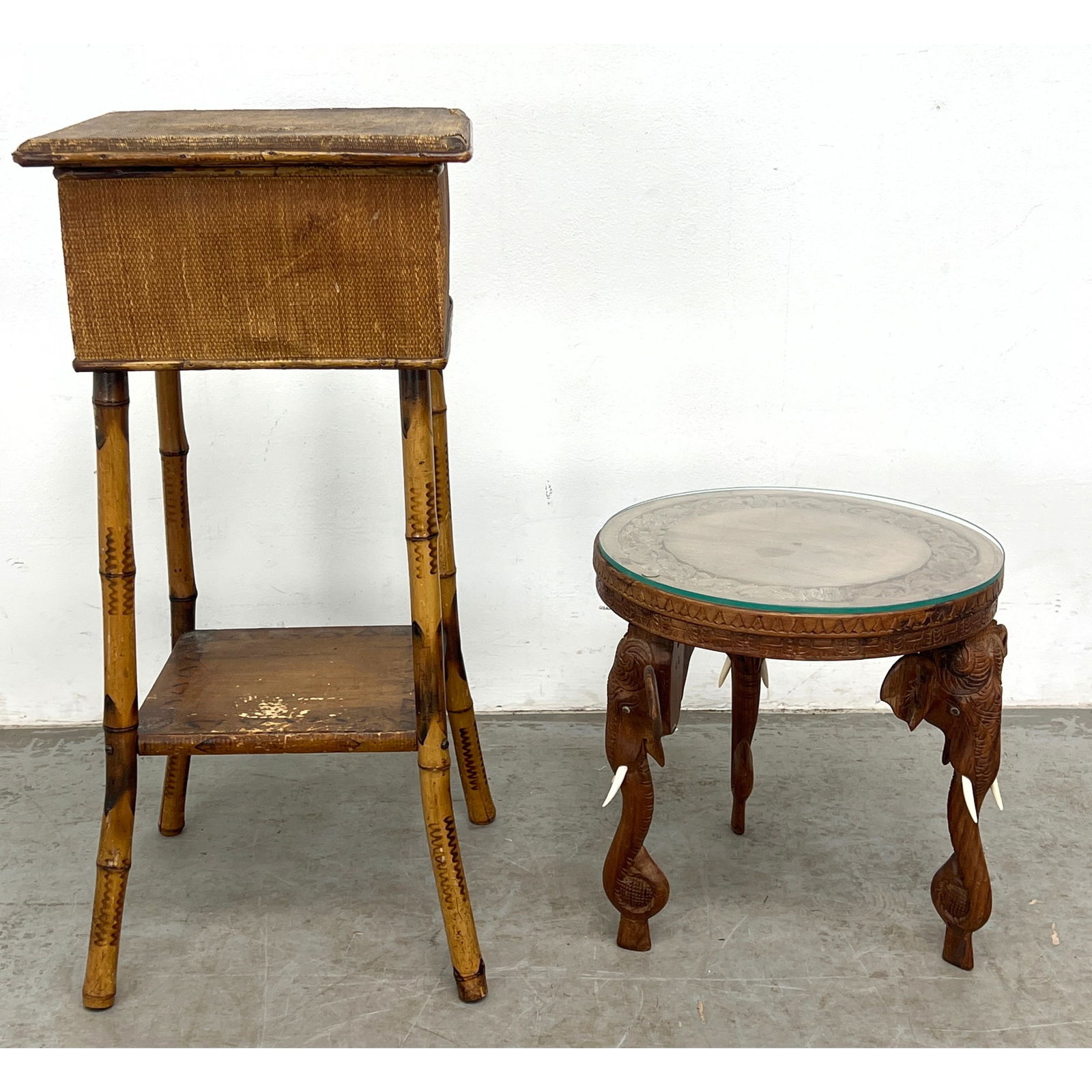 2 pcs Bamboo Sewing Stand and Elephant Side Table: 2 pcs Bamboo Sewing Stand and Elephant Side Table Dimensions: Height: 30 inches, Width: 14.25 inches, Depth: 14.5 inches. - Additional Dimensions: Round table H: 16 inches, W: 14.75 inches, D: 14.75 i