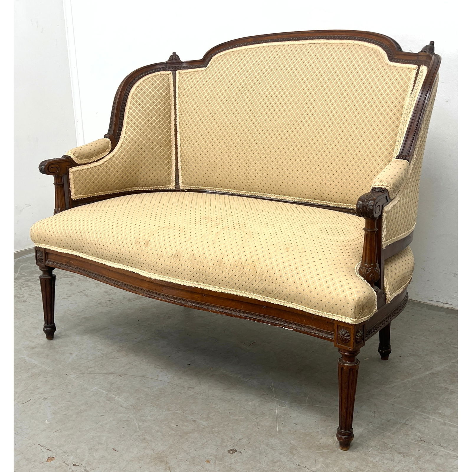 Louis XVI style walnut settee love seat featuring a curved, molded crest rail and an upholstered bac (1 of 11)