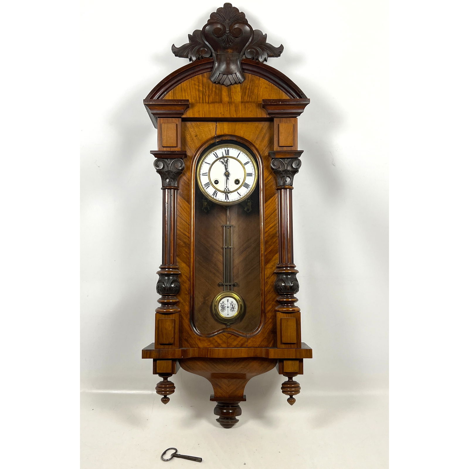 Antique wall clock in the Vienna Regulator style. The architectural case is constructed from walnut (1 of 14)