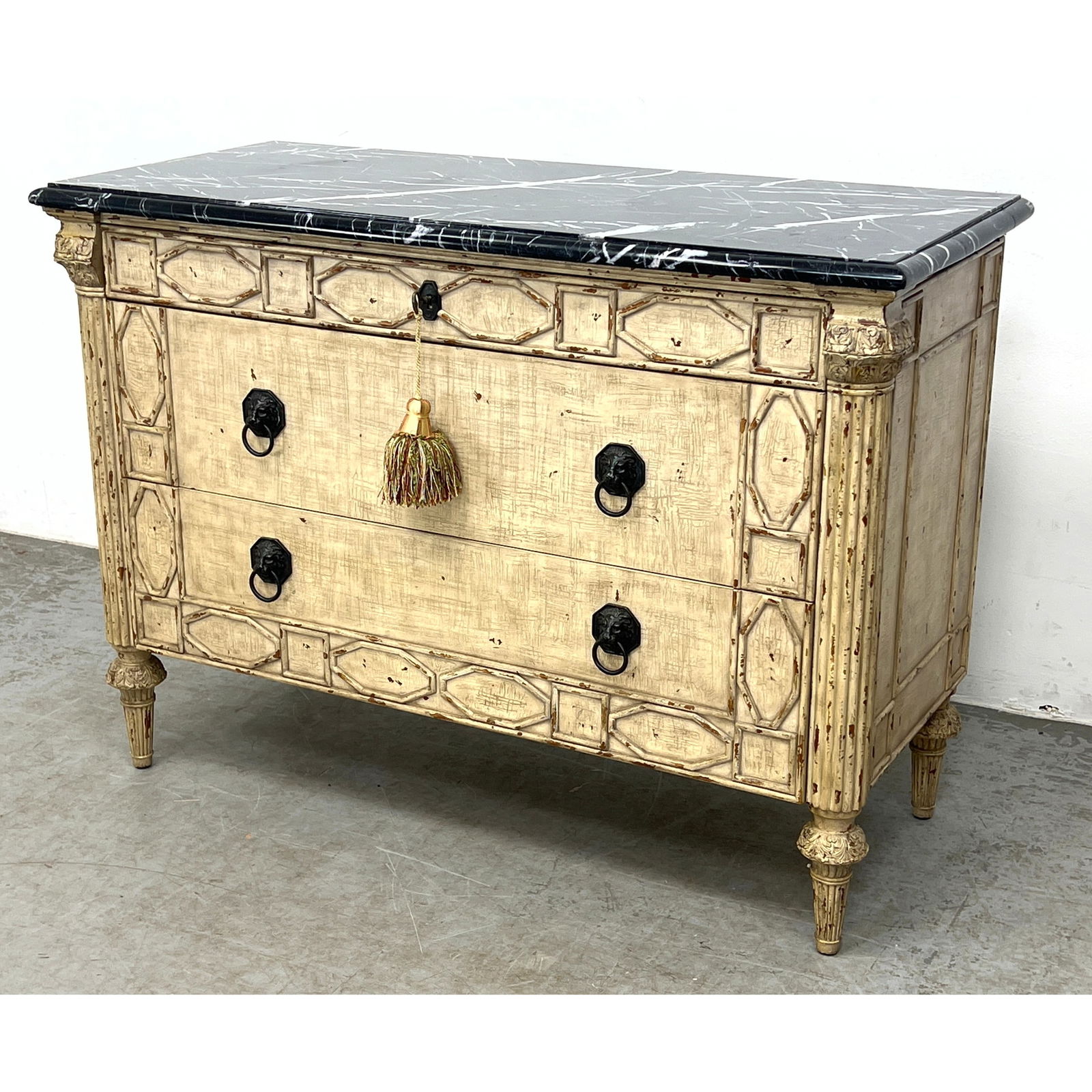 Cream Painted French style Three Drawer Commode. Black Figured Marble Top. Fluted Column Details. Co (1 of 11)