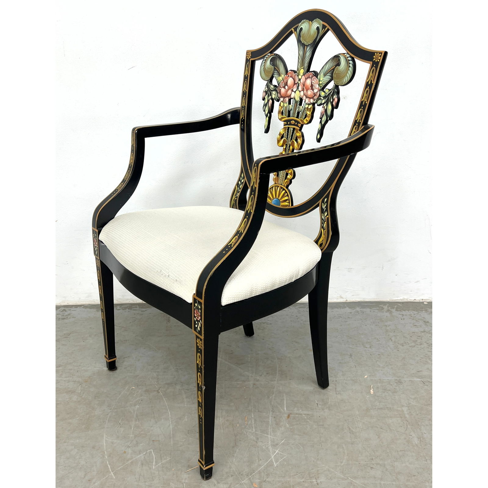 Elegant Paint Decorated Edwardian style Chair. Ebonized and Gilt Painted Wood Frame Arm Chair. Shiel (1 of 10)