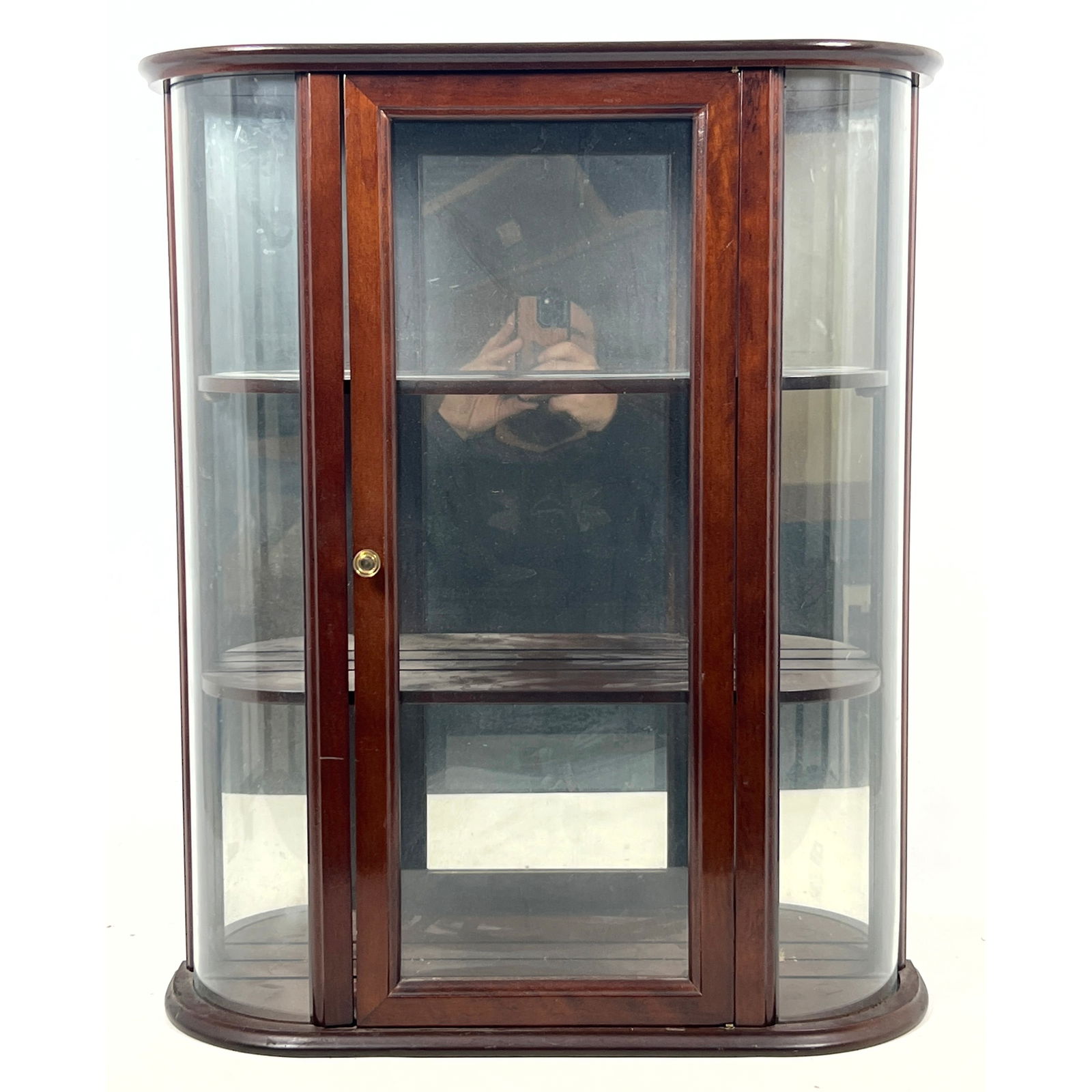 BOMBAY Co Wall Hanging Vitrine Display Cabinet. Bowed Glass Sides. Three Interior Shelves. Label. (1 of 9)