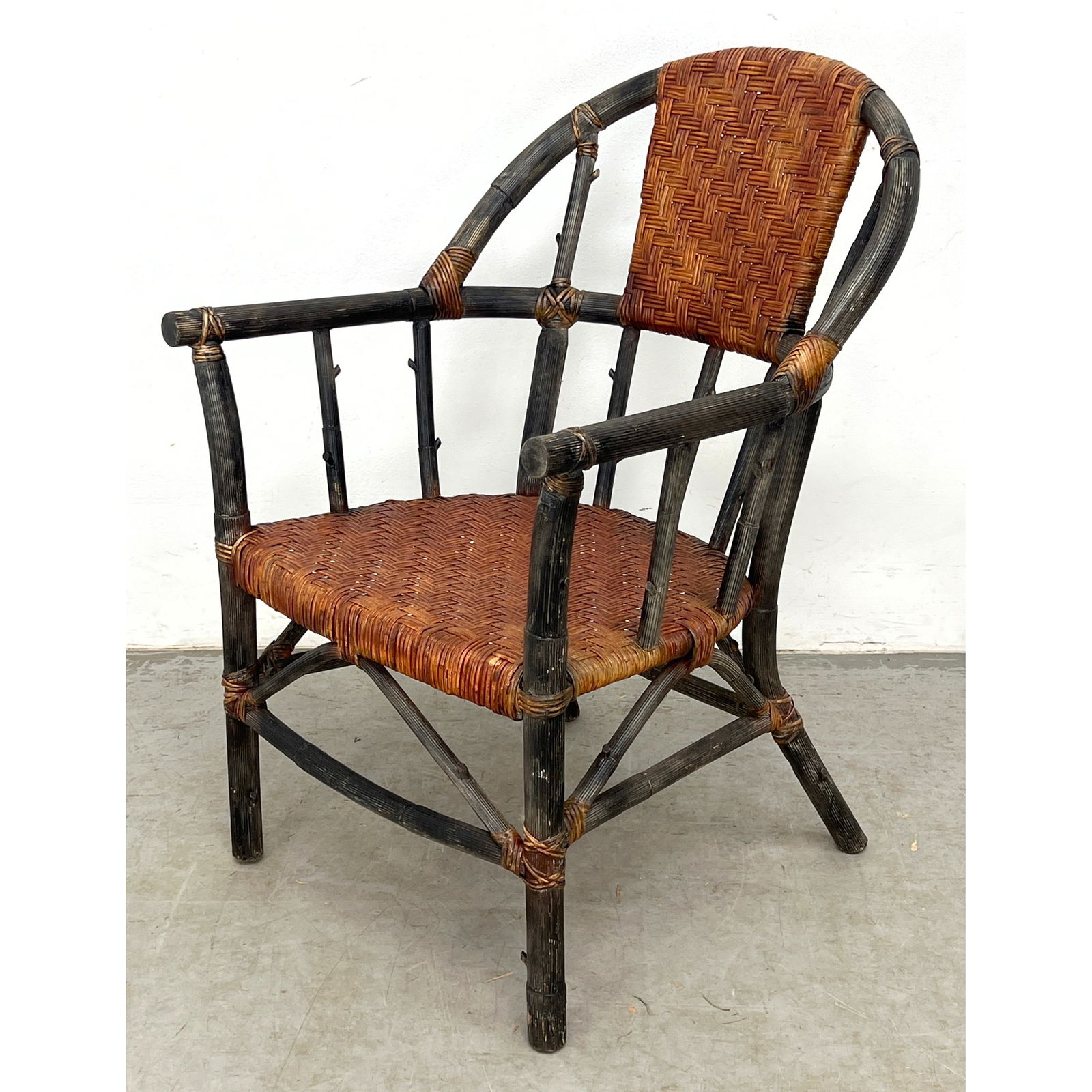 PALECEK Wood Frame Rattan Wrapped Arm Chair. Woven Seat and Back Rest. Metal tag. (1 of 9)