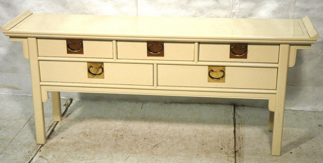 Asian style Cream Lacquered Sideboard Credenza. D: Asian style Cream Lacquered Sideboard Credenza. Dramatic brass pulls. -- Dimensions: H: 30.25 inches: D: 18 inches: L: 73 inches ---