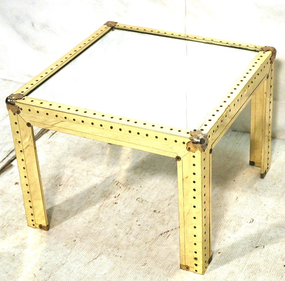 Decorator style Brass Studded Side Table. Inset m: Decorator style Brass Studded Side Table. Inset mirror top. -- Dimensions: H: 19.5 inches: W: 26 inches: D: 26 inches ---