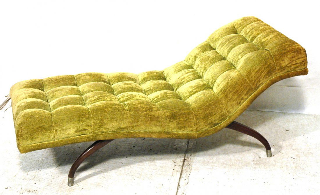 Stylish Modernist KAGAN style Chaise Lounge. Dark: Stylish Modernist KAGAN style Chaise Lounge. Dark walnut legs with metal caps. Tufted light green upholstery. -- Dimensions: H: 26.25 inches: D: 25.5 inches: L: 60 inches ---