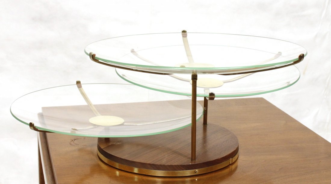 Brass & Glass TOMMI PARZINGER Style Stand three t: Brass & Glass TOMMI PARZINGER Style Stand three tier. Three concave glass bowls supported by brass armature. Round walnut base.-- Dimensions: H: 8.75 inches: W: 22 inches ---