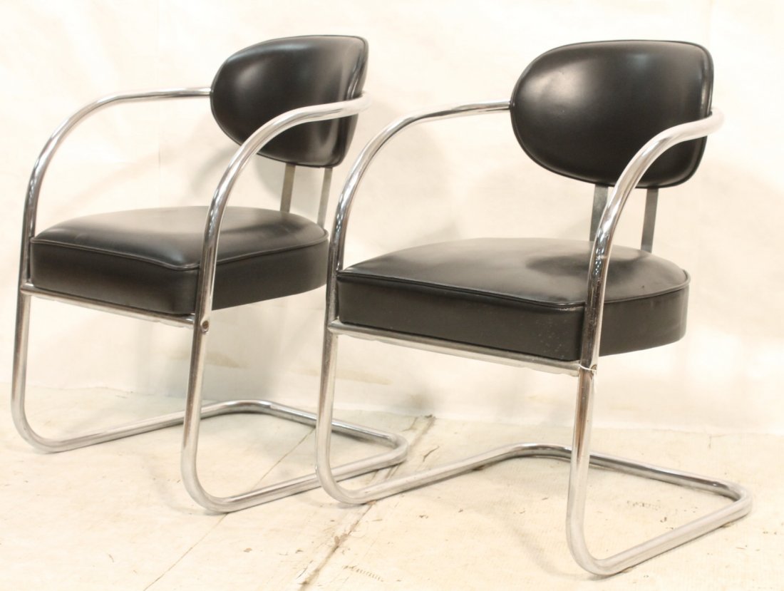 Pr ART DECO Chrome Arm Lounge Chairs. Black uphol: Pr ART DECO Chrome Arm Lounge Chairs. Black upholstered seats and backs. Tubular chrome frames. -- Dimensions: H: 29.5 inches: W: 20.5 inches: D: 21.5 inches ---