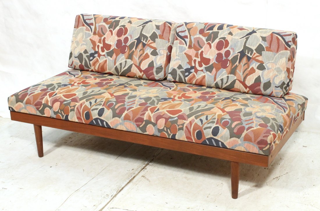Danish Modern Teak Sofa Couch with Two Pull Out T: Danish Modern Teak Sofa Couch with Two Pull Out Tables. Floral Cushions. Unmarked. -- Dimensions: H: 29 inches: L: 63 inches ---