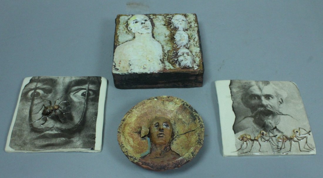 Lot Ceramic Tiles. Signed. Two DEBORAH FRITTS 3D: Lot Ceramic Tiles. Signed. Two DEBORAH FRITTS 3D Figural Tiles. Two marked JOAN. Dali & George Ohr Portraits with 3D bugs.-- Dimensions: ---