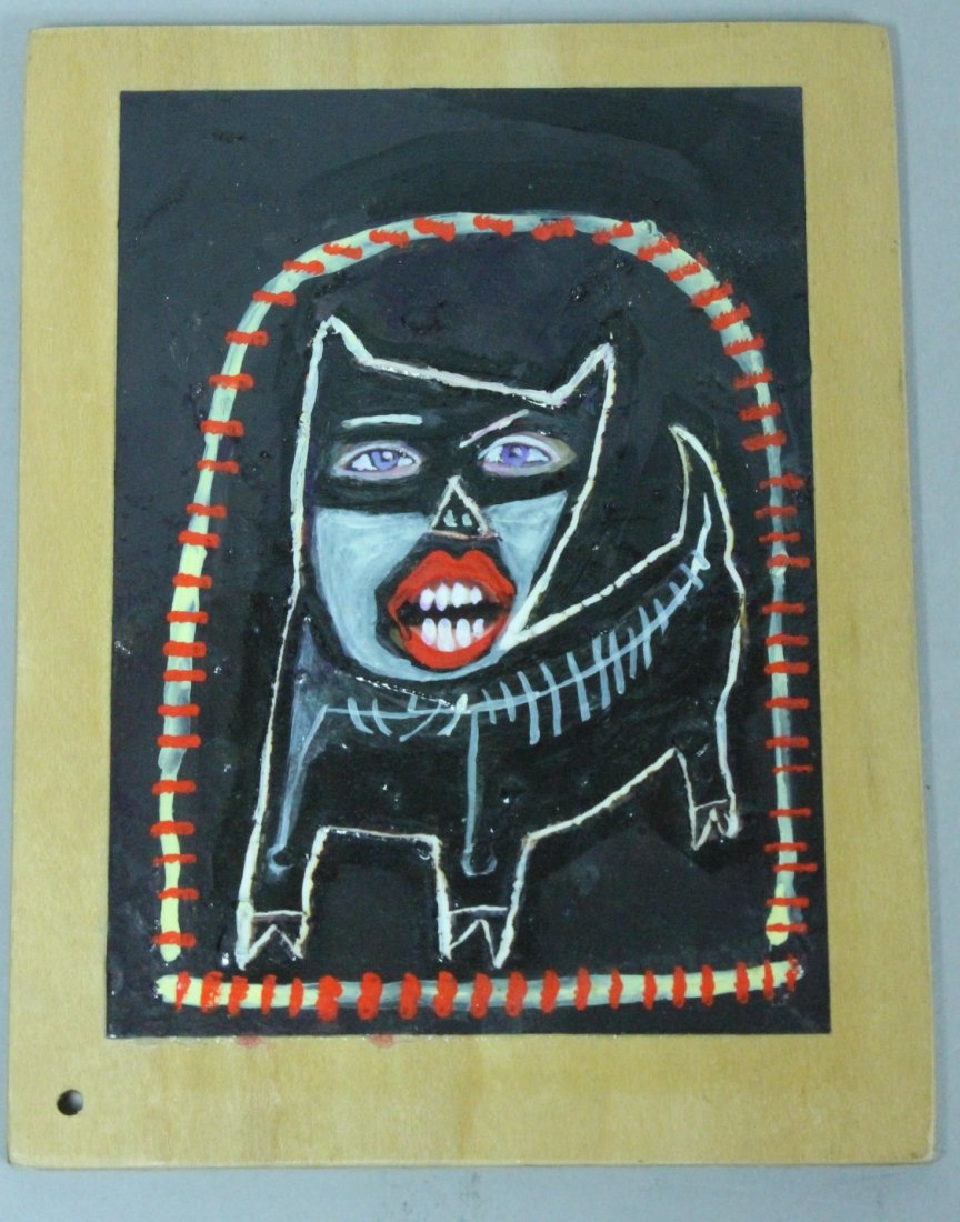 RACHEL BLISS Oil Painting. Grotesque Cat Dog with: RACHEL BLISS Oil Painting. Grotesque Cat Dog with skeletal form. Red lips & teeth. Mounted on wood board. -- Dimensions: Image Size: H: 5.5 inches ---