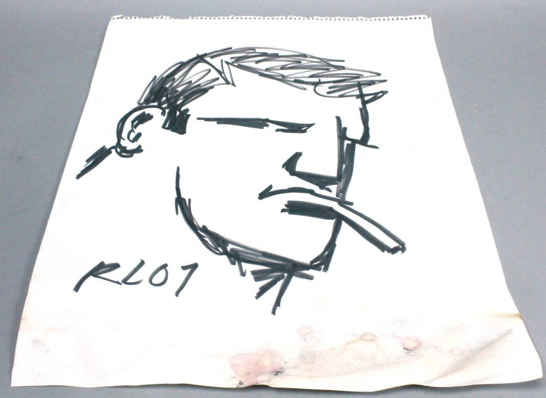 ROBERT LOUGHLIN Ink Drawing on Paper. Portrait wi: ROBERT LOUGHLIN Ink Drawing on Paper. Portrait with Cigarette. Signed RL 07.-- Dimensions: Image Size: H: 22 inches: W: 18 inches --- US Shipping charge: $14