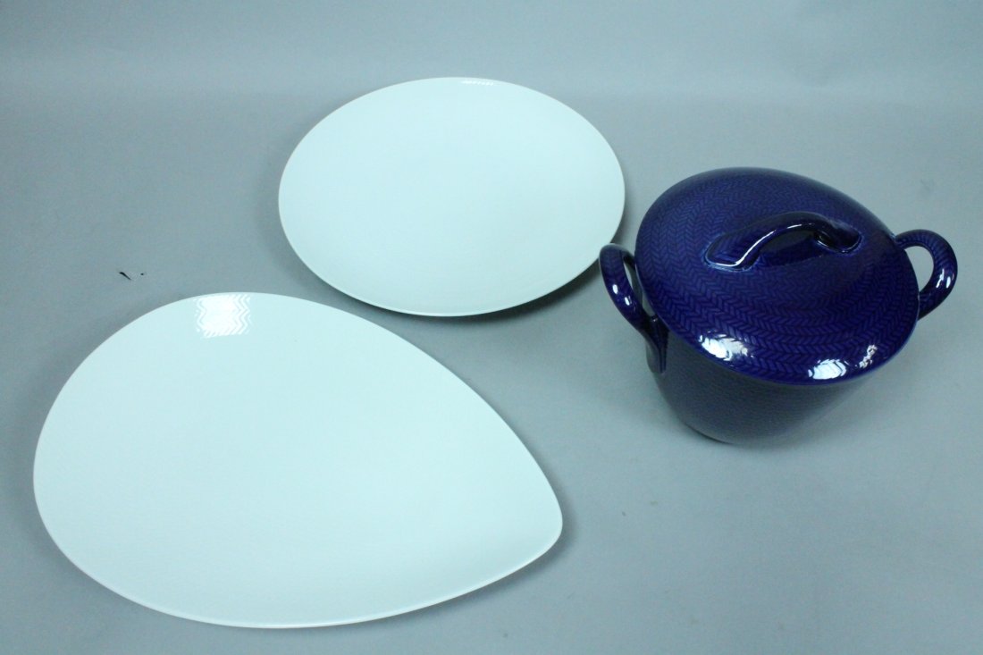 3pc RORSTRAND Serving Dishes. Cobalt Glazed Lidde: 3pc RORSTRAND Serving Dishes. Cobalt Glazed Lidded Serving Tureen. Two White Plates Chargers. Marked.-- Dimensions: H: 9 inches: W: 10 inches: D: 8 inches --- US Shipping charge: $14