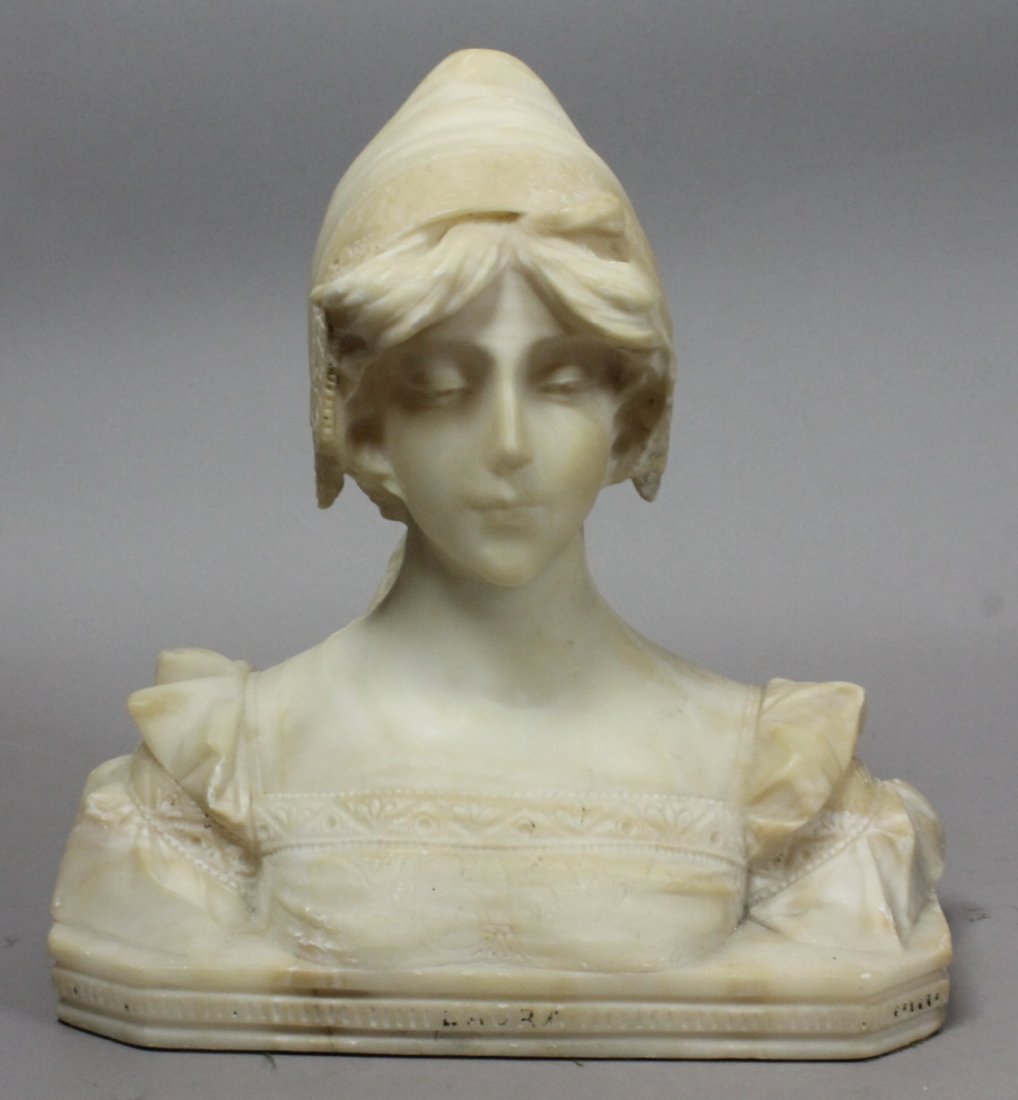 Carved Alabaster Bust of Young Woman with Bonnet.: Carved Alabaster Bust of Young Woman with Bonnet. Ponytail. -- Dimensions: H: 12 inches: W: 12 inches: D: 5 inches ---