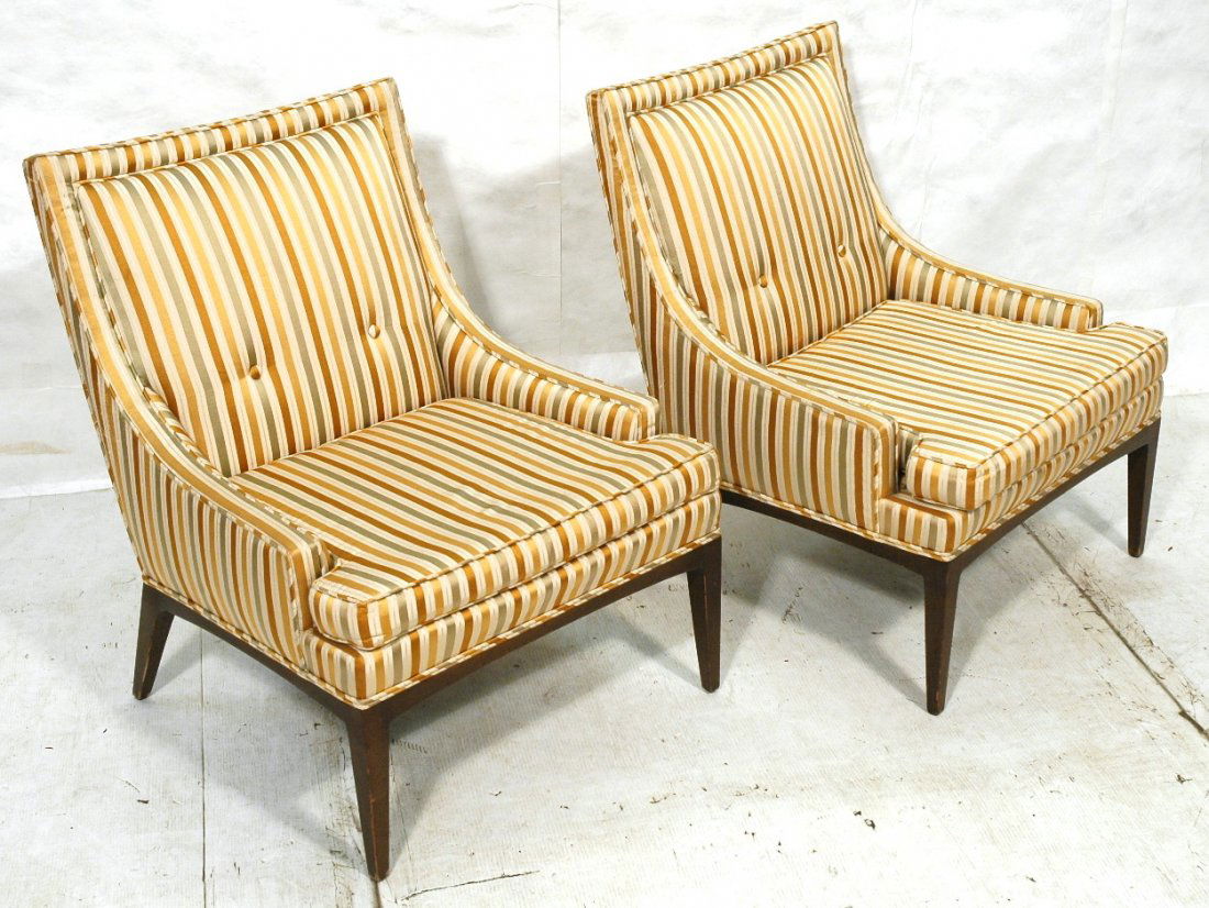 Pr McCOBB style Striped Fabric Lounge Chairs. Tal: Pr McCOBB style Striped Fabric Lounge Chairs. Tall Back. Tapered square legs. Bowed Top Backs. JOHN STUART Tag. -- Dimensions: H: 33 inches: W: 27 inches: D: 30 inches ---
