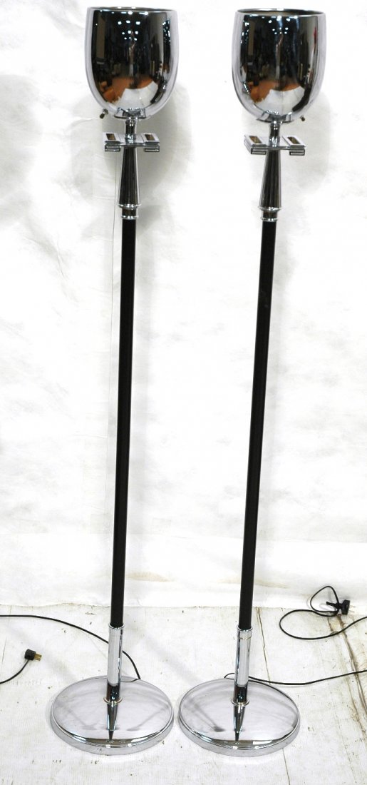2 ART DECO Vintage Chrome Black Column Floor Lamp: 2 ART DECO Vintage Chrome Black Column Floor Lamps. Shiny chrome shade and base. Ebonized column. -- Dimensions: H: 61.5 inches: W: 10 inches ---
