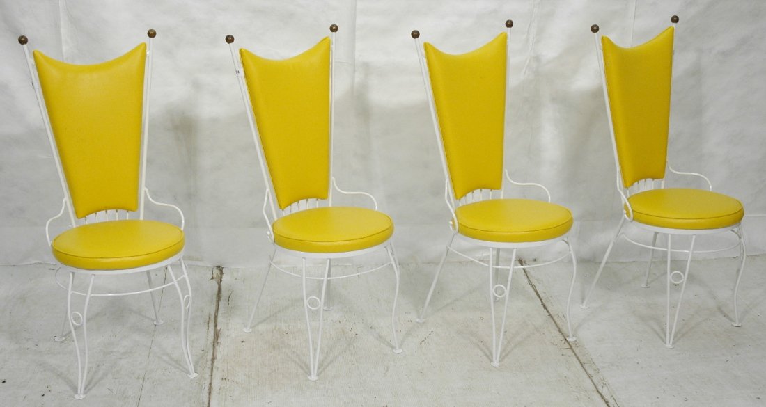 Set 4 Iron Tall Back Side Dining Chairs. White ir: Set 4 Iron Tall Back Side Dining Chairs. White iron frame with yellow vinyl upholstery.-- Dimensions: H: 42.5 inches: W: 17.25 inches: D: 16.5 inches ---
