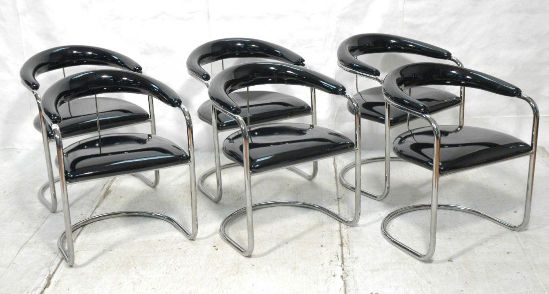 Set 6 THONET Barrel back Chrome & Black Arm Chair: Set 6 THONET Barrel back Chrome & Black Arm Chairs. Six Dining Chairs with black upholstery on tubular chrome frames. Marked. 6pcs-- Dimensions: H: 30 inches: W: 22 inches: D: 21.25 inches ---