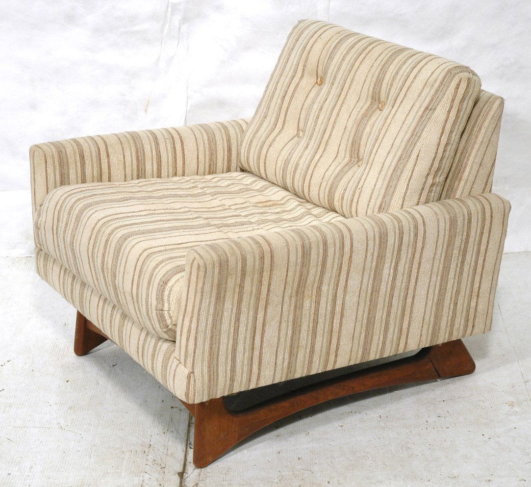 ADRIAN PEARSALL Square Lounge Chair. Upholstered: ADRIAN PEARSALL Square Lounge Chair. Upholstered chair sits on arched side walnut frame. Striped upholstery. -- Dimensions: H: 30 inches: W: 31.5 inches: D: 35 inches ---