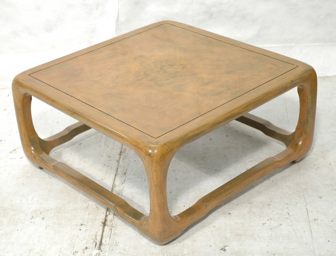 KARL SPRINGER style Lacquered Fabric Cocktail Tab: KARL SPRINGER style Lacquered Fabric Cocktail Table. Rounded edge coffee table with open sides. Unmarked.-- Dimensions: H: 17.5 inches: W: 36 inches: D: 36 inches ---