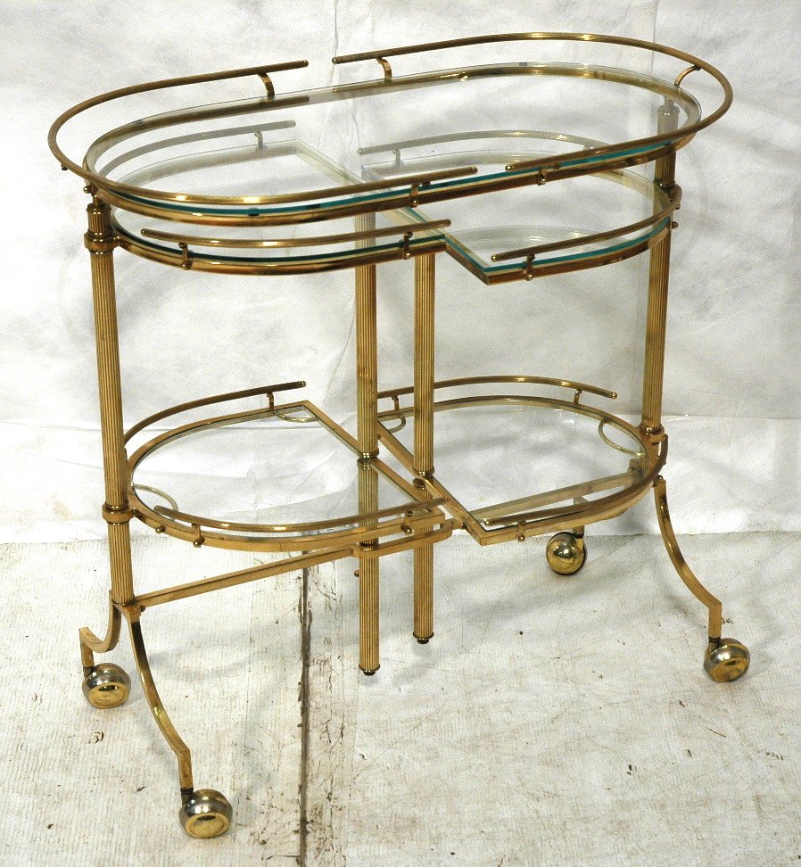 Brass & Glass Rolling Bar Tea Cart. Ribbed uprigh: Brass & Glass Rolling Bar Tea Cart. Ribbed upright columns. 5 levels. Lower shelves swing out.-- Dimensions: H: 31.5 inches: W: 32.25 inches: D: 18.25 inches ---
