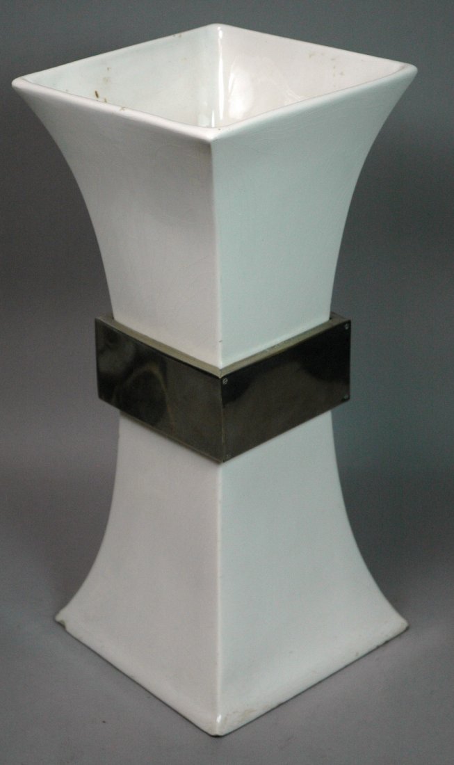 GABRIELLA CRESPI Pottery Corseted Vase. Wide whit: GABRIELLA CRESPI Pottery Corseted Vase. Wide white metal horizontal band. Signed on bottom & on metal band. -- Dimensions: H: 21.25 inches: W: 6.5 inches: D: 6.5 inches ---